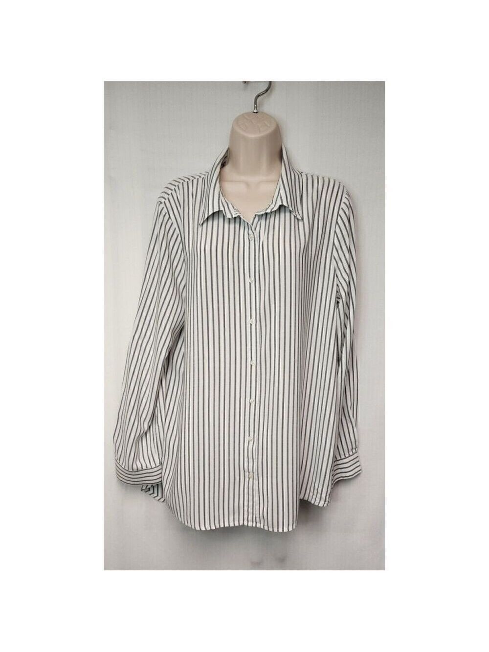 Calvin Klein Striped Blouse Long Sleeve Lo-Hi Button-up Shirt White/Gray XL - Picture 2 of 9